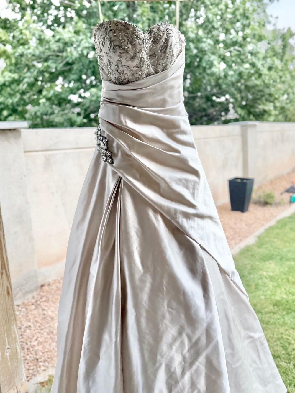 Strapless Beaded Champagne Satin Ball Gown